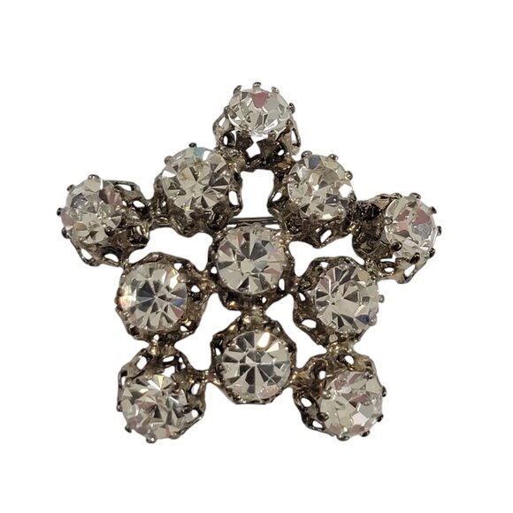 Vintage Austrian Crystal Star Snowflake Brooch Pin Silver Tone Prong Set Glisten - Picture 1 of 3